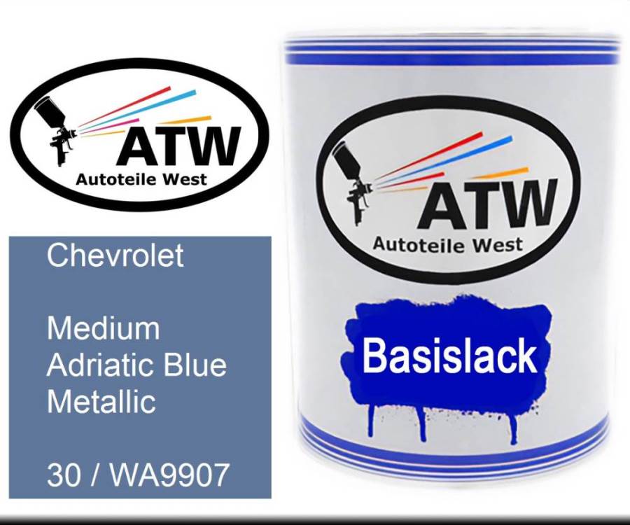 Chevrolet, Medium Adriatic Blue Metallic, 30 / WA9907: 1L Lackdose, von ATW Autoteile West.